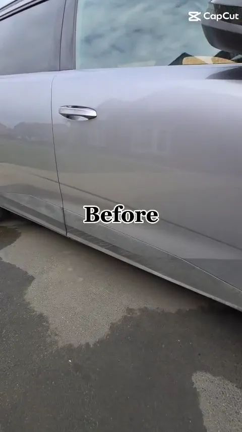 Machine polish before and after on a grey car
